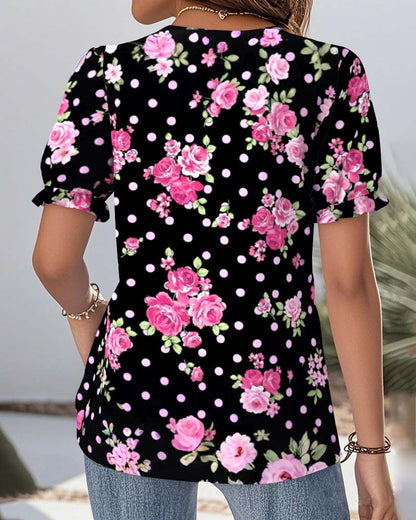 V-Neck Lace Lantern Sleeve Printed Blouse