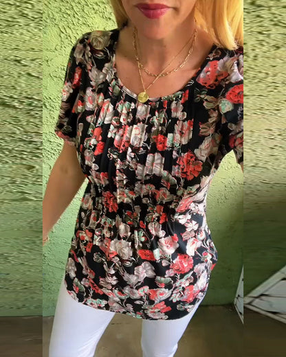 Round Neck Puff Sleeve Pleated Floral Blouse