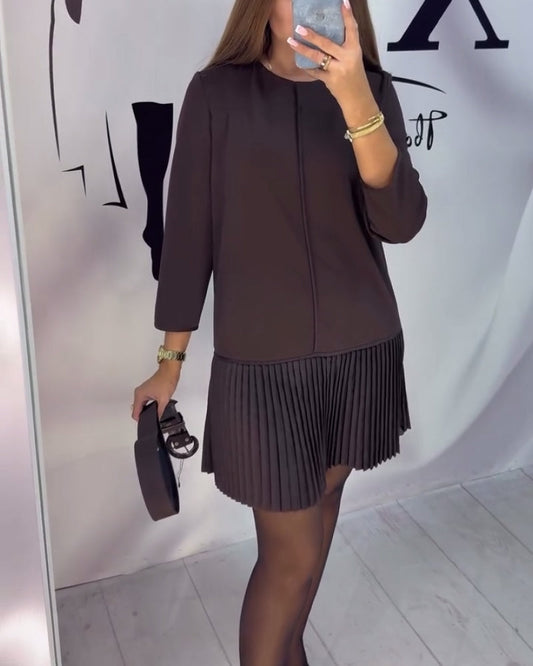 Three-Quarter Sleeve Accordion Pleated Dress