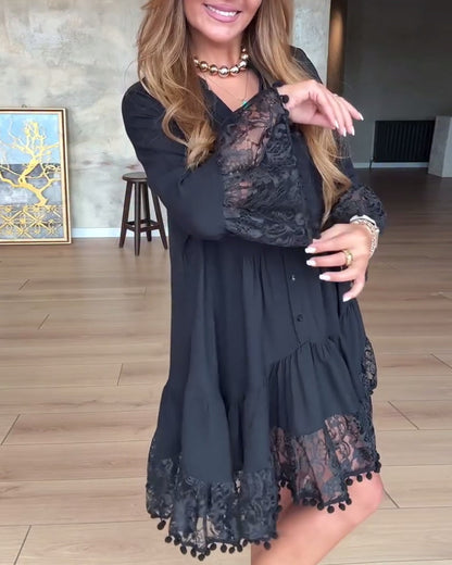 Casual Lace Solid Color V-Neck Dress