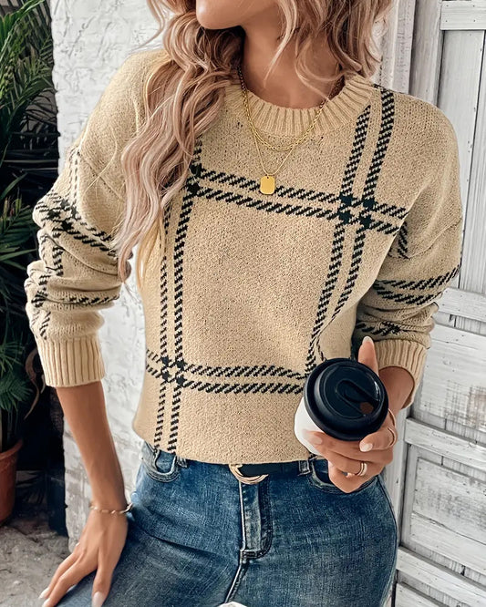 Long-Sleeved Plaid Pullover Sweater