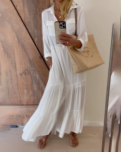 Lapel solid color patchwork casual dress