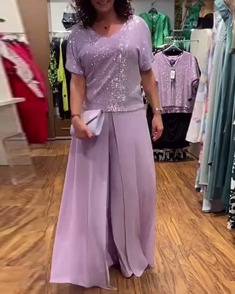 V-neck short-sleeved loose sequined blouse