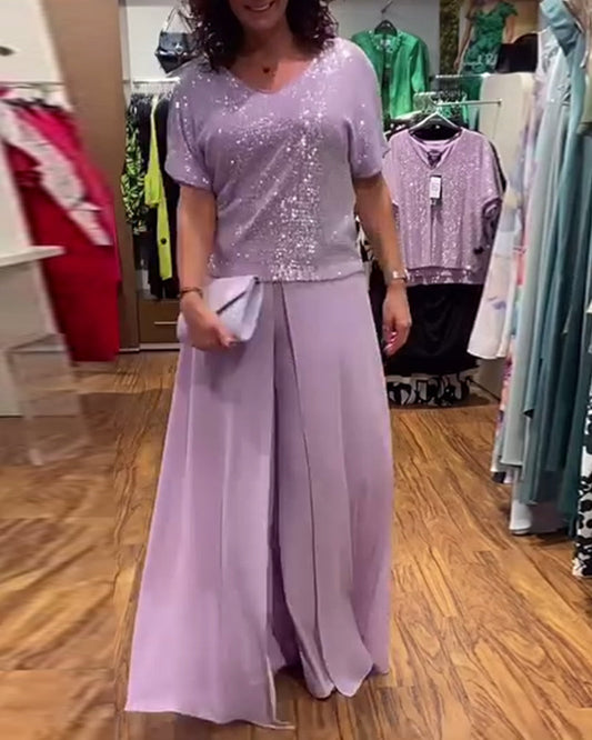 V-neck short-sleeved loose sequined blouse