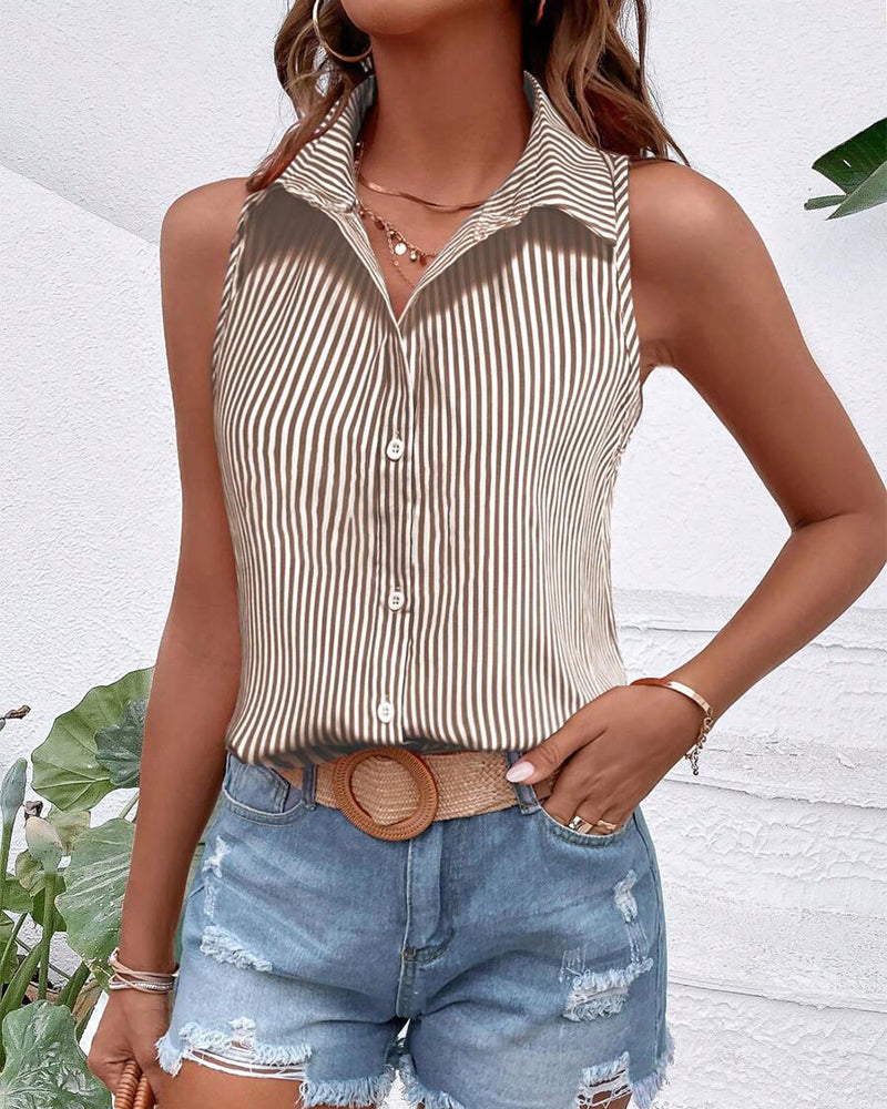 Sleeveless Lapel Striped Tank Top