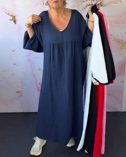 Forest Style V-Neck Pleated Solid Color Dress