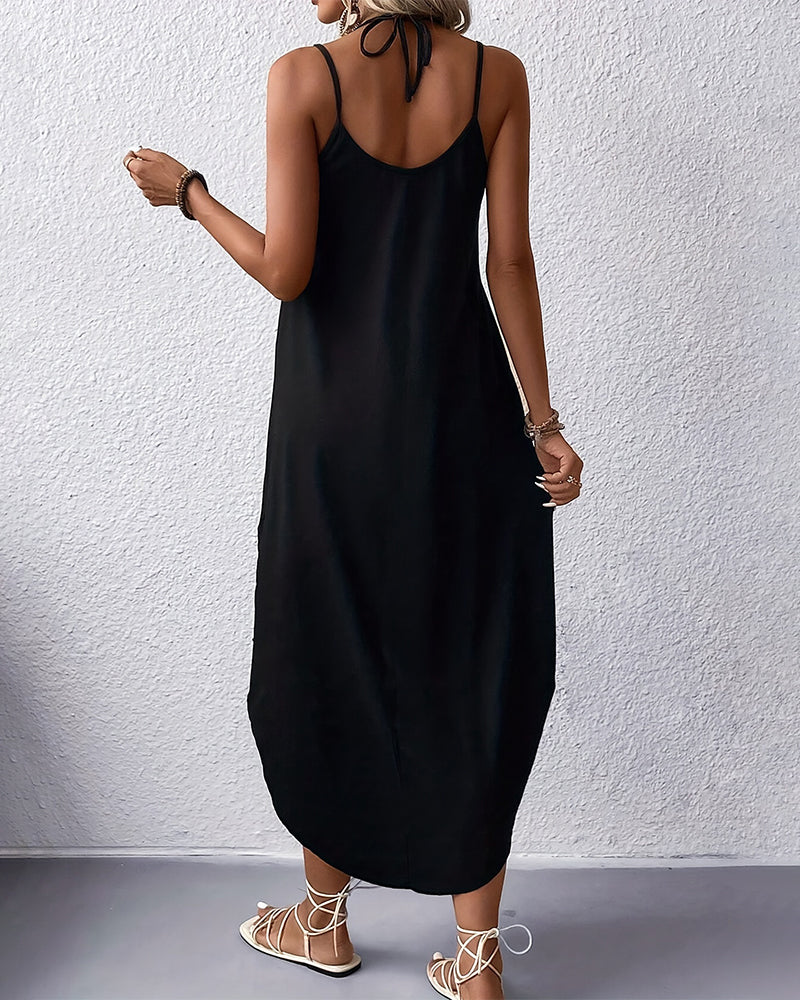 V-Neck Suspender Slit Printed Dress