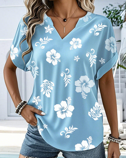 V-Neck Casual Printed Short-Sleeved Blouse