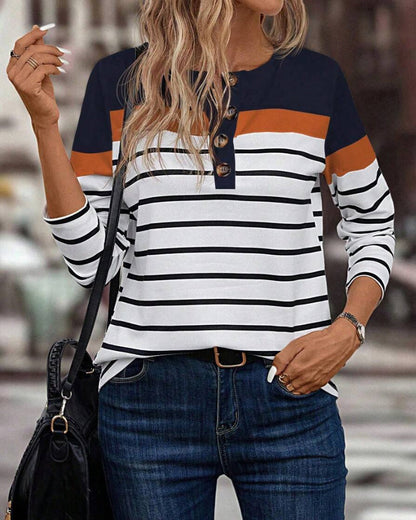 Casual Striped Print Contrast Color Half-Button Top