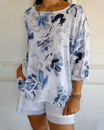 Round Neck Long Sleeve Printed Blouse