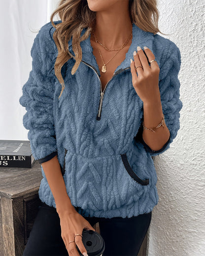 Lapel Zipper Front Fuzzy Sweatshirt