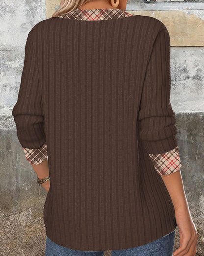V-Neck Paneled Plaid Knitted Sweater