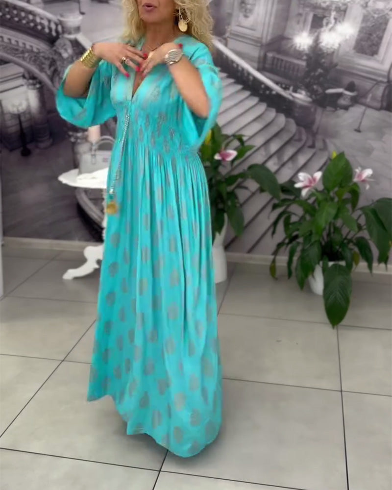 Loose Holiday Print Waist Maxi Dress