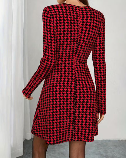 Long-Sleeved Houndstooth Print Dress