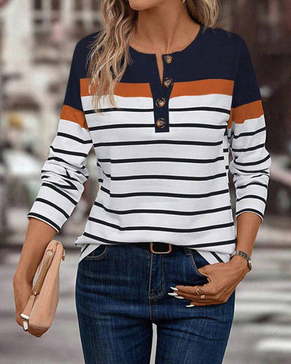 Casual Striped Print Contrast Color Half-Button Top