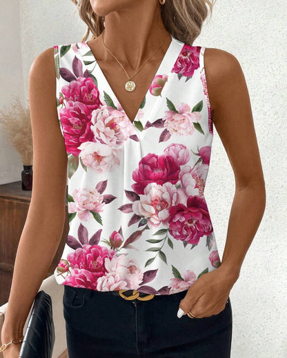 Rose Printed V-Neck Sleeveless Blouse