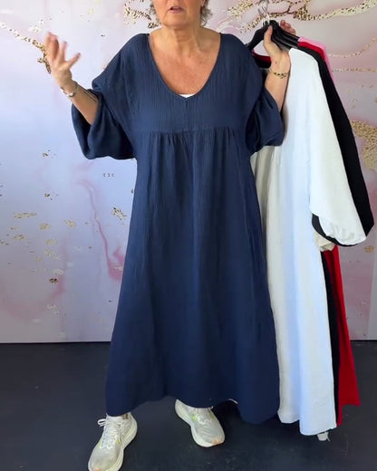 Forest Style V-Neck Pleated Solid Color Dress