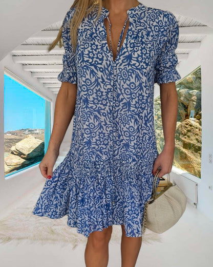 Tie-Up Puff Sleeve Printed Dress