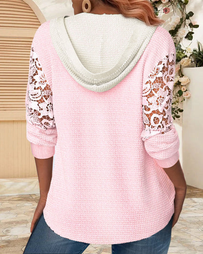 Button stitching lace hollow hoodie