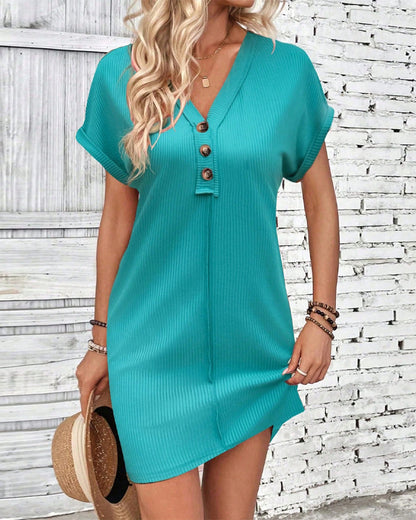 V-Neck Solid Color Three-Button Short-Sleeved Dress