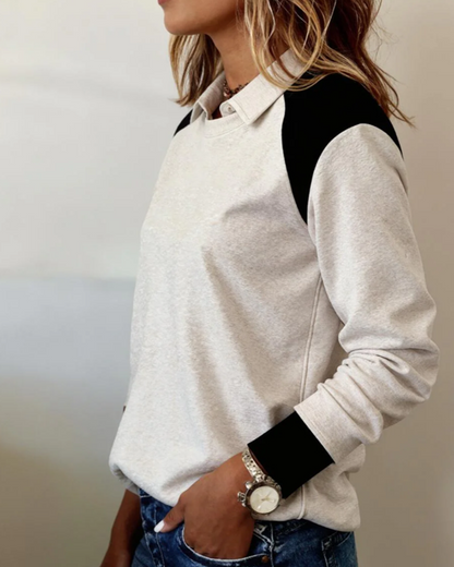 Stylish Lapel Contrast Color Sweatshirt