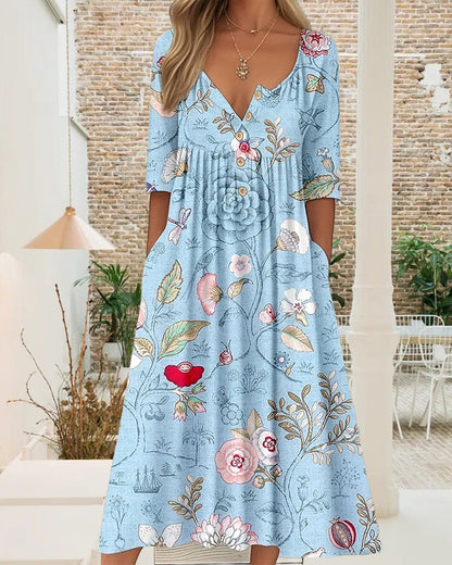 Half-Sleeve Printed Pleated A-Line Dress