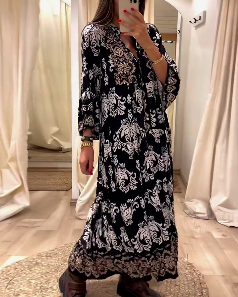 Vintage printed pleated loose dress