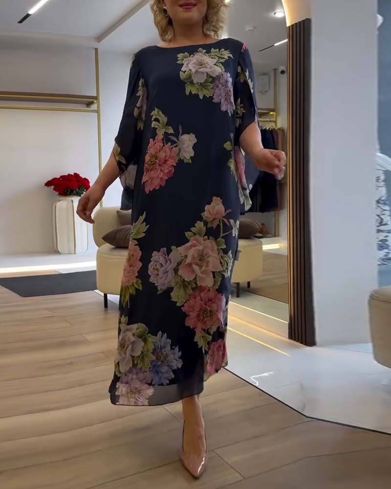Round Neck Floral Slit Dress