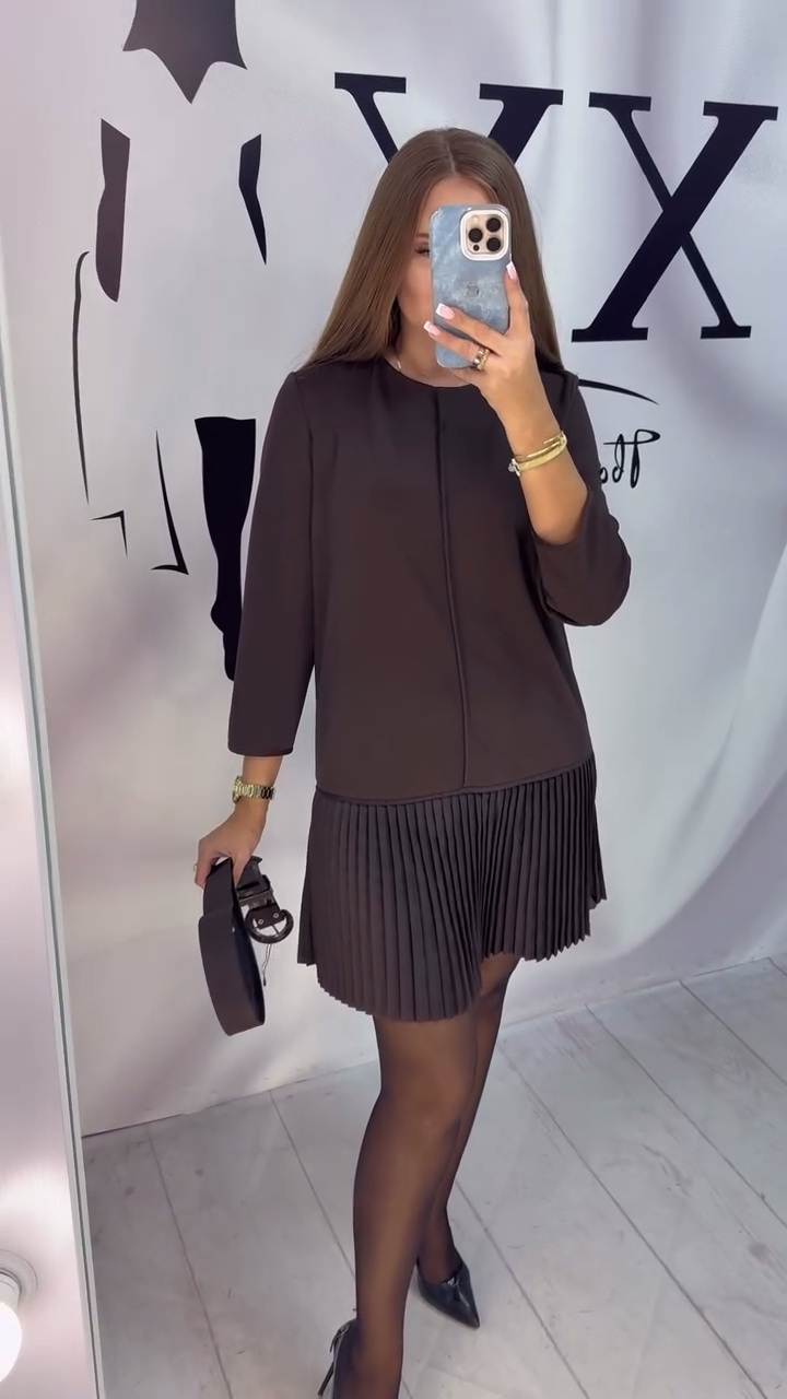 Three-Quarter Sleeve Accordion Pleated Dress