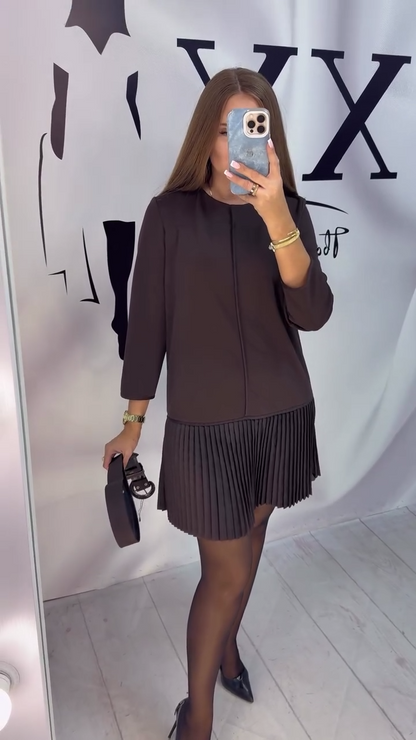 Three-Quarter Sleeve Accordion Pleated Dress