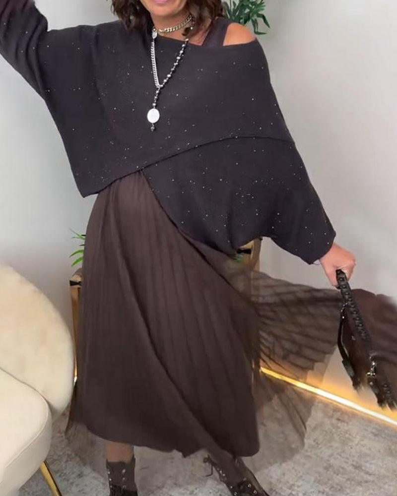 Elegant Asymmetric Sweater & Lace Skirt Set