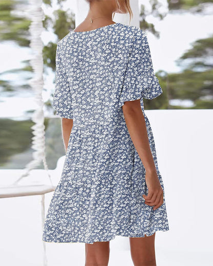 Ruffled sleeves V-neck floral print dress