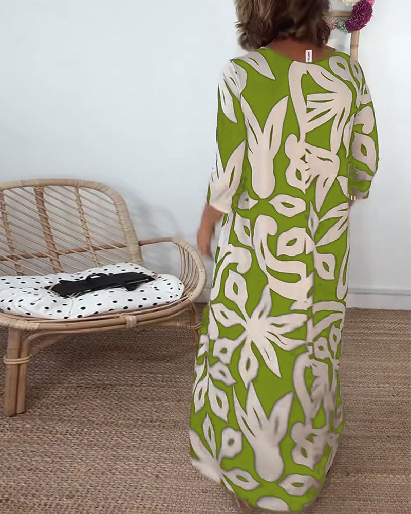 Round Neck Long Sleeve Printed Dress