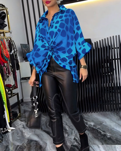 Lapel leopard print blouse