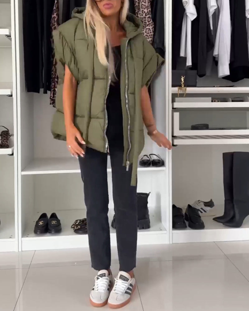 Hooded solid color zipper short sleeve padded jackets