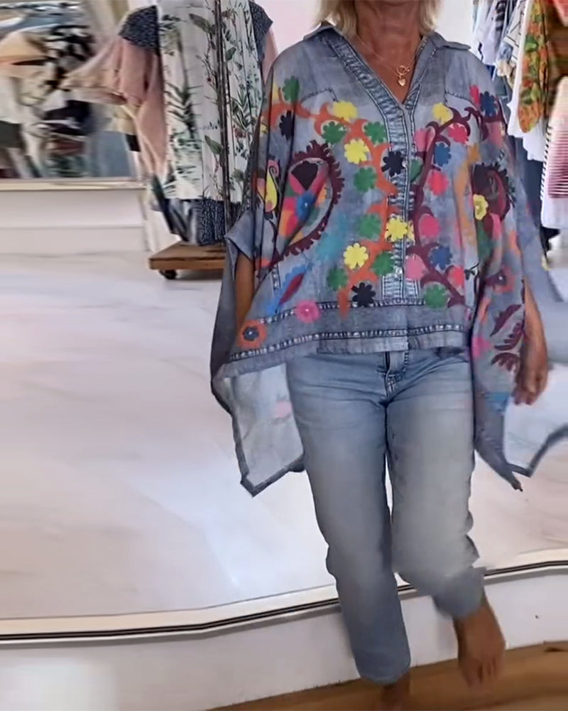Fake Denim Irregular Print Blouse