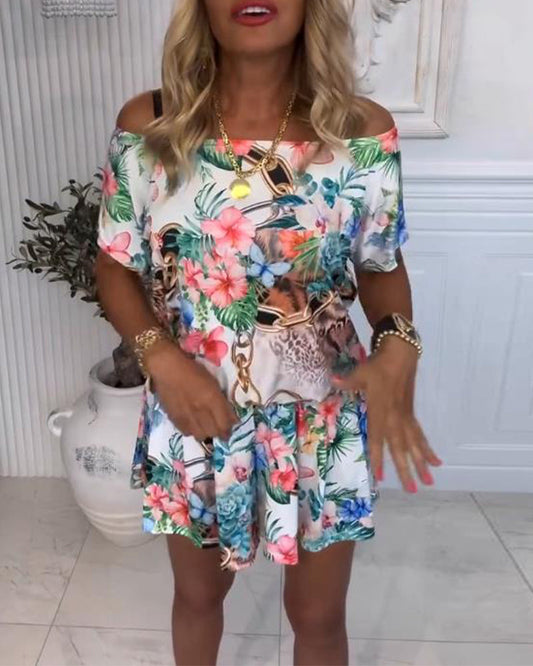 Plant and Flower Patterns, Off-the-Shoulder Jumpsuit
