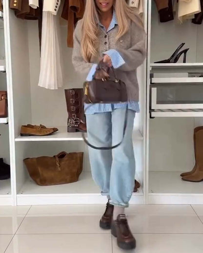 Long-Sleeved Button-Down Collar Jumper