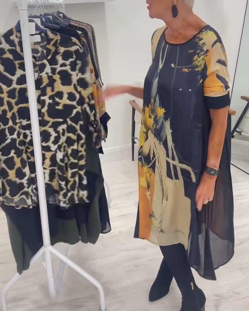 Round Neck Retro Print Dress