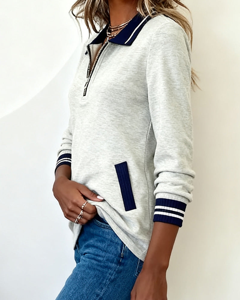 Lapel Zipper Contrast Color Loose Sweatshirt