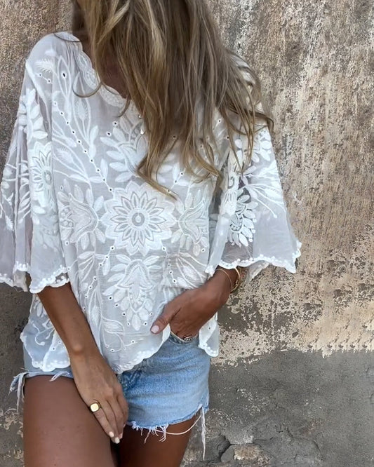 Butterfly Sleeve Round Neck Embroidered Blouse