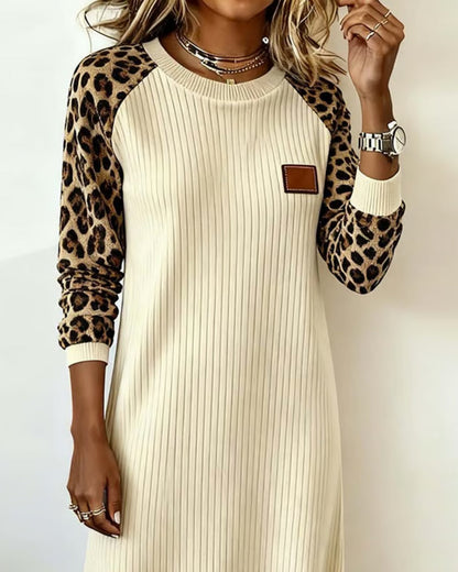 Casual Long-Sleeved Leopard Print Patchwork Dress