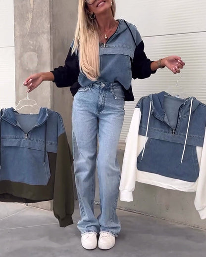 Casual denim patchwork zipper hoodie