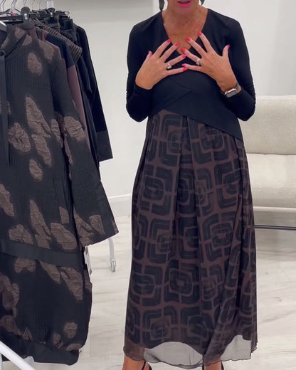 V-Neck Long-Sleeved Patchwork Dress