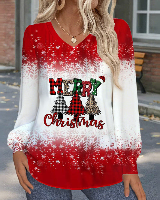 V-Neck Christmas Tree Print Long Sleeve Top