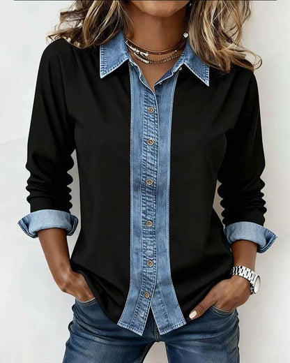 Denim Patchwork Collared Shirt