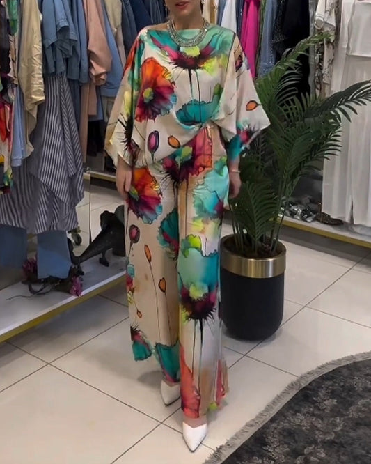 Lotus print one-shoulder three-quarter sleeve set