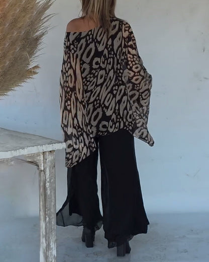 Irregular Bat Print Long-Sleeved Blouse