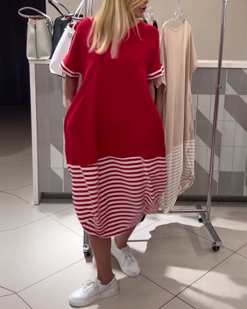 Contrast Stripe Short Sleeve Casual Dress