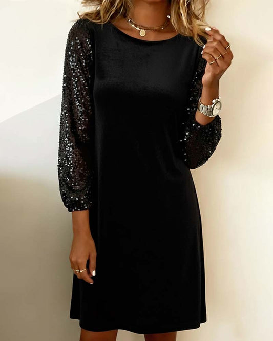 Sequine Paneled Velvet Shift Dress